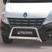 A Misutonida front bull bar with a chrome finish and a black license plate holder, mounted on the front bumper of a white Renault van.